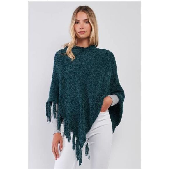 Pinklicious Green Chenille Knit Tassel Hooded Poncho /ONE SIZE - Picture 1 of 4